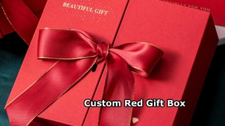 Rote Hochzeitsbevorzugungsbox mit individueller Nachricht und großer Schleife